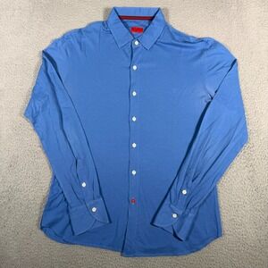 Isaia Shirt Mens 17 43 Blue Button Up Cotton Lightweight Italy Long Sleeve *READ